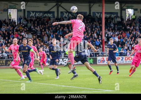 Dundee, UK. 27th Aug, 2023. During the Cinch Scottish Premiership match between Dundee and Hearts at Dens Park Hearts' Frankie Kent heads for goal but to no avail (Photo Credit: David Mollison/Alamy Live News Stock Photo