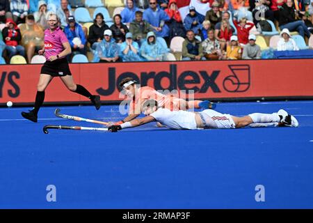 27. August 2023, Nordrhein-Westfalen, Mönchengladbach: Feldhockey, Männer: Europameisterschaft, Niederlande - England, letzte Runde, Finale. Derck de Vilder (zurück) aus den Niederlanden und Brendan Creed aus England kämpfen um den Ball. Foto: Federico Gambarini/dpa Stockfoto