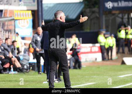 Dundee, UK. 27th Aug, 2023. During the Cinch Scottish Premiership match between Dundee and Hearts at Dens Park Dundee manager Tony Docherty remonstrates with the referee (Photo Credit: David Mollison/Alamy Live News Stock Photo