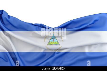 Flagge von Nicaragua isoliert auf weißem Hintergrund mit kopiertem Leerzeichen oben. 3D-Rendering Stockfoto