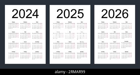 Kalenderraster für 2024, 2025 und 2026 Jahre. Einfache horizontale Vorlage in russischer Sprache. Die Woche beginnt am Montag. Isolierte Vektordarstellung auf Stock Vektor