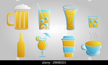 A large set of different alcoholic and non-alcoholic delicious invigorating drinks coffee tea tea beer whiskey cocktails on a white background. Stock Vector