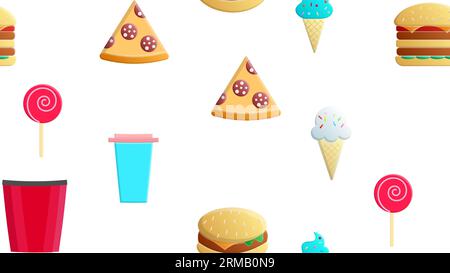 Endlos weißes, nahtloses Muster aus einer Reihe von Ikonen mit köstlichen Speisen und Snacks für ein Restaurant-Bar-Café: burger, Popcorn, Pizza, Eis, Co Stock Vektor