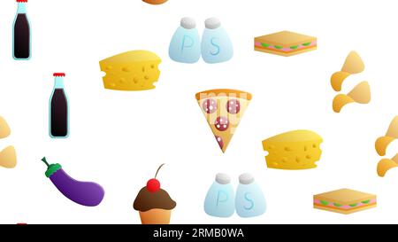 Endless white seamless pattern of delicious food and snack items icons set for restaurant bar cafe: chips, cheese, eggplant, soda, salt and pepper, cu Stock Vector