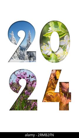 Nummer 2024 von Four Seasons Fotos für Kalender, Flyer, Poster, Postkarte, Banner Stockfoto