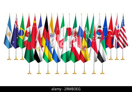 2023 G20-Gipfel Flaggen der Gastländer.Flaggen der G 20-Länder Flaggen der Gastländer Stockfoto