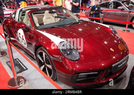 Cherry metallic Porsche 911 Targa 4S Heritage Design Edition 2021 presented at the 75 Years of Porsche Sports Cars anniversary show in June 2023 in Sofia, Bulgaria, Eastern Europe, Balkans, EU Stock Photo