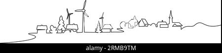 Landschaft mit Windmühlen und Kirche, Windgenerator Energie, einzelne durchgehende einzeilige Kunstzeichnung. Hügelige Landschaft mit erzeugten Windturbinen und h Stock Vektor