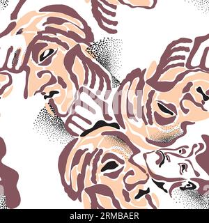 Diverse crowd of people seamless pattern.  Different male faces line and dots drawing banner. Minimalist abstract aesthetic style. Stock Vector