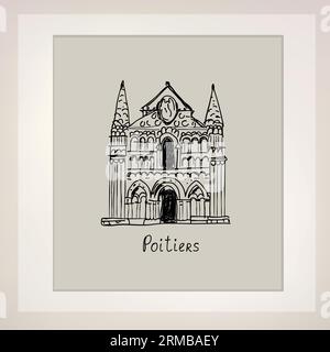 Französische Stadt Poitiers. Berühmtes touristisches Wahrzeichen. Kirche Notre-Dame-La-Grande in Poitier, Frankreich. Architektonische Symbole europäischer Städte. Reise-dra Stock Vektor