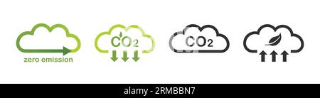 Kohlendioxidemissionen. Grüne Wolke und Symbol für co2-Reduzierung. Symbole für Luftverschmutzung. Vektorillustration isoliert auf weißem Hintergrund. Stock Vektor