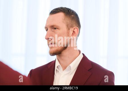 RIGA, Latvia. 14th Aug, 2023. Rolands Smits, during meeting with Edgars Rinkevics, President of Latvia. National Men's basketball team of Latvia before FIBA BASKETBALL WORLD CUP 2023. Credit: Gints Ivuskans/Alamy Live News Stock Photo