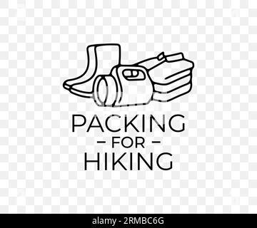 Verpackung für Wanderungen, Schuhe, Kleidung und Taschenlampe, lineares Grafikdesign. Reisen, Trekking, Camping, Reise, Abenteuer, Natur und Sport, Vektor Stock Vektor