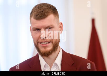 RIGA, Latvia. 14th Aug, 2023. Davis Bertans, during meeting with Edgars Rinkevics, President of Latvia. National Men's basketball team of Latvia before FIBA BASKETBALL WORLD CUP 2023. Credit: Gints Ivuskans/Alamy Live News Stock Photo