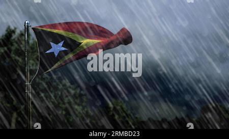 Flagge von Timor Leste mit Regen und dunklen Wolken, Sturmvorhersagesymbol - Natur 3D-Rendering Stockfoto