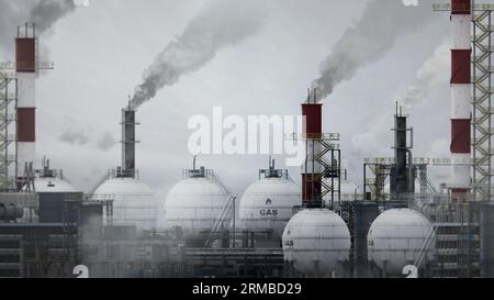 Erdgas- oder LNG-Speichertanks in Raffinerieanlagen oder Verarbeitungsanlagen, fiktiv - industrielles 3D-Rendering Stockfoto