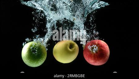 Äpfel, Malus domestica, Früchte, die vor schwarzem Hintergrund ins Wasser gelangen Stockfoto