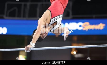 26. August 2023: Gymnast Yul Moldauer während des zweiten Turniers der Senioren bei den US-Gymnastik-Meisterschaften 2023. Der Wettbewerb findet im SAP Center in San Jose, Kalifornien, statt. Melissa J. Perenson/CSM Stockfoto