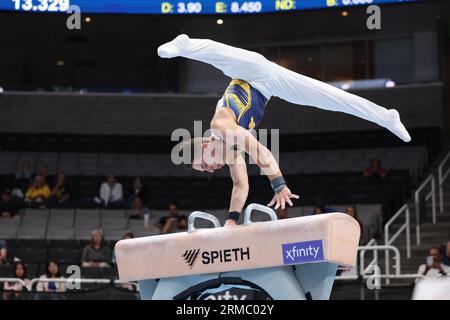 26. August 2023: Der Turner Paul Juda während des zweiten Turniers der Männer bei den US-Gymnastik-Meisterschaften 2023. Der Wettbewerb findet im SAP Center in San Jose, Kalifornien, statt. Melissa J. Perenson/CSM Stockfoto