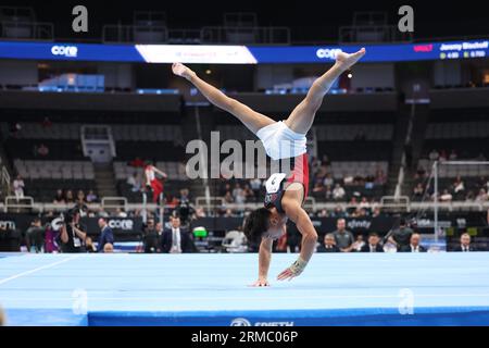 26. August 2023: Gymnast Yul Moldauer während des zweiten Turniers der Senioren bei den US-Gymnastik-Meisterschaften 2023. Der Wettbewerb findet im SAP Center in San Jose, Kalifornien, statt. Melissa J. Perenson/CSM Stockfoto