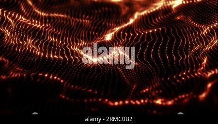 Abstrakte orange futuristische Wellen aus einem Gitter von Partikellinien leuchten hell glänzende Neon digitale magische Energie auf einem dunklen Hintergrund. Abstrakter Hintergrund Stockfoto