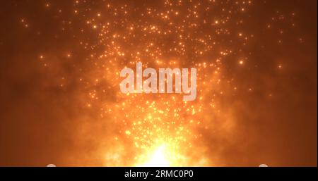 Abstraktes orangefarbenes feuriges Feuer aus Partikeln und Funken, das wunderschön magisch auf dunklem Hintergrund leuchtet. Abstrakter Hintergrund. Stockfoto