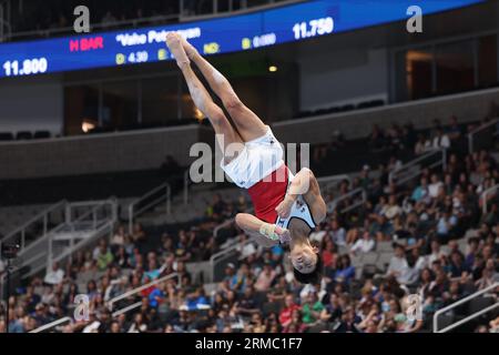 26. August 2023: Gymnast Yul Moldauer während des zweiten Turniers der Senioren bei den US-Gymnastik-Meisterschaften 2023. Der Wettbewerb findet im SAP Center in San Jose, Kalifornien, statt. Melissa J. Perenson/CSM Stockfoto