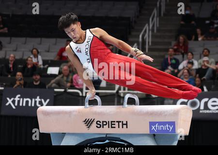 26. August 2023: Gymnast Yul Moldauer während des zweiten Turniers der Senioren bei den US-Gymnastik-Meisterschaften 2023. Der Wettbewerb findet im SAP Center in San Jose, Kalifornien, statt. Melissa J. Perenson/CSM Stockfoto