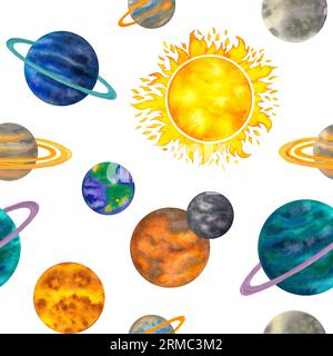Nahtloses Aquarellmuster mit Planeten des Sonnensystems Quecksilber, venus, Erde, mars, jupiter, saturn, uranus, neptun, luna, Sonne. Hintergrund mit Stockfoto