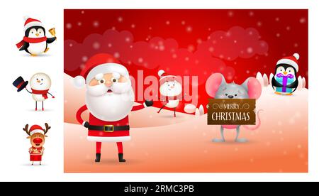 Frohe Weihnachten mit Weihnachtsmann und Helfern Stock Vektor