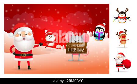 Frohe Weihnachten Poster mit Comic Santa und Helfern Stock Vektor