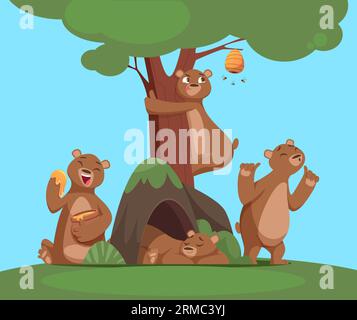 Bear group. Funny cartoon bear in woods eating playing sleeping. Vector cartoon background Stock Vektor