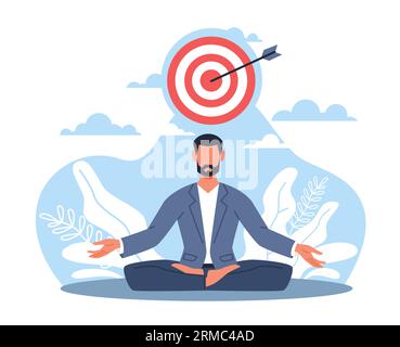 Businessman meditates, concentrates on accomplishing task or goal. Man sitting in lotus position. Thought process, manager keeping calm, cartoon flat Stock Vector