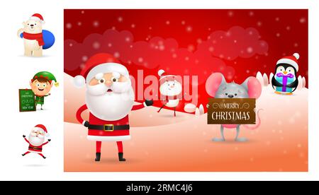 Weihnachtskarte mit Weihnachtsmann und Helfern Stock Vektor