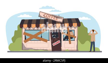 Konzept der Probleme kleiner Unternehmen, Café-Besitzer vor ruinierten und verlassenen Gebäuden. Café-Bar geschlossen, Wirtschaftskrise Stock Vektor