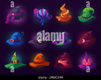 Cartoon witch hats. Isolated witches caps, wizard magic hat halloween design. Costume element with horror eyes, skulls, spiders nowaday vector set Stock Vektor