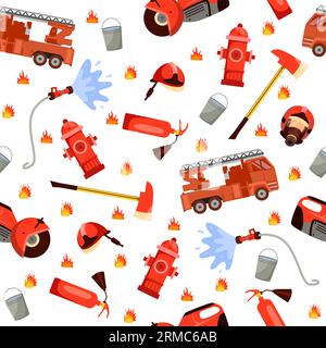 Nahtloses Muster mit Elementen der roten Löschausrüstung. Löschfahrzeug mit Leiter, Hydrant und Schlauch. Dekor, Textil, Geschenkpapier, Tapete Stock Vektor