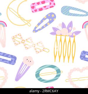 Hair clips and pins seamless pattern. Fashion plastic head accessories, decorative hairdressing element with beads and prints. Girly fashion racy Stock Vector