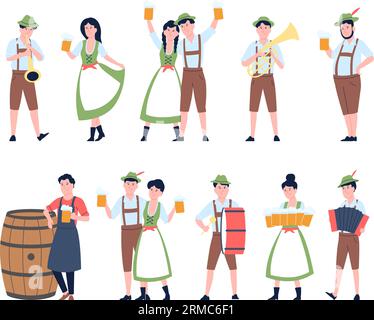 Junge oktoberfestfiguren, flache bayerische Menschen tanzen und trinken Bier. Deutsches fest, traditionelles Partyfrauenkostüm. Aktueller Comic-Vektor Stock Vektor