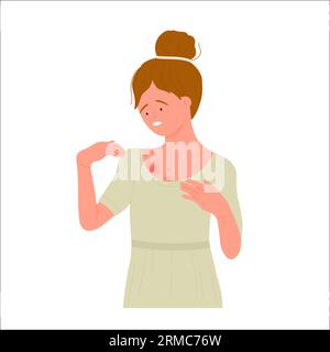 Worried girl with red rash on her body. Allergic itchy reaction, atopic dermatitis flat vector illustration Stock Vector