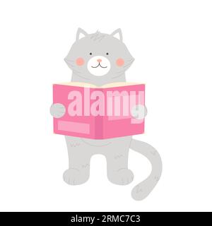 Niedliche graue Katze, die ein Märchenbuch liest. Haustier, das Wissen gewinnt, Zoo-Bibliothek Bücher Zeichentrickvektor-Illustration Stock Vektor