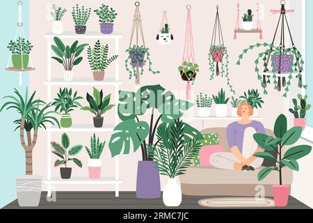 Houseplants in trendy hygge style. Home plants in flower pots. Urban jungle decor set . Evergreen in planters hanging in woven macrame. Woman relaxing on sofa in greenhouse. Vector illustration Stock Vektor