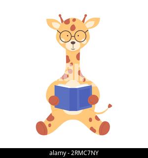 Cute giraffe with glasses reading story book. Safari animal learning skills cartoon vector illustration Stock Vektor