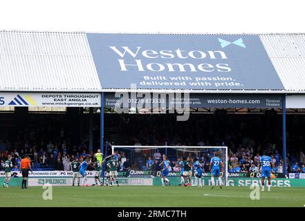 Peterborough, UK. 26th Aug, 2023. General view of action in front of the London Rpad stand at the Peterborough United v Derby County EFL League One match, at the Weston Homes Stadium, Peterborough, Cambridgeshire, on 26th August 2023. Credit: Paul Marriott/Alamy Live News Stock Photo