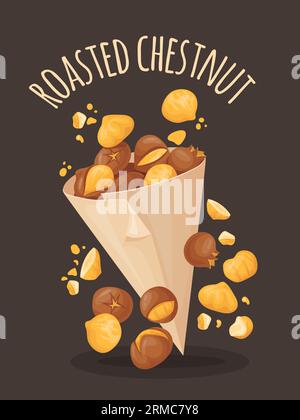 Geröstete Kastanien. Gebratene Cartoon Kastanie in Papiertüte, gegrillte Nüsse in der Natur Bio-Lebensmittel auf frankreich oder truthahn Basar, Braten Snack Vektor Illustration der Ernährung köstlich, Zutaten Kernel Stock Vektor