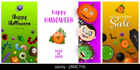 Fröhliches Halloween-Banner-Set mit Monstern in Grün, Violett und Orange Stock Vektor