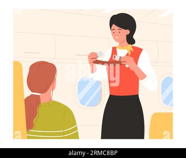 Das Kabinenpersonal zeigt die Sicherheitsmaßnahme zum Anlegen des Gurts an. Passagiere im Flugzeug, Stewardess Notfall Demonstration Cartoon Vektor Illustration Stock Vektor