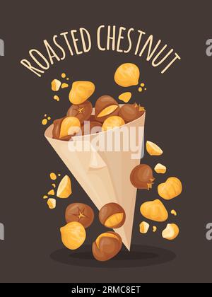 Geröstete Kastanien. Gebratene Cartoon Kastanie in Papiertüte, gegrillte Nüsse in der Natur Bio-Lebensmittel auf frankreich oder truthahn Basar, Braten Snack Vektor Illustration der Ernährung köstlich, Zutaten Kernel Stock Vektor