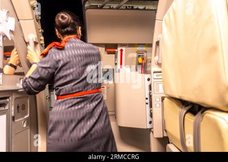 Rückansicht Bewegungsunschärfe des Flugbegleiters an der Flugzeugeingangstür mit Griff, türkischer Flugzeugeingang der Fluggesellschaften Stockfoto