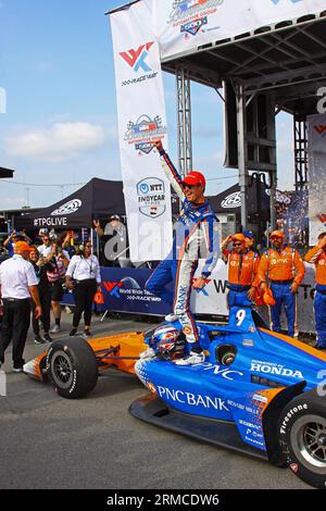 Madison, IL 27. August 2023: 7. Jährliches INDYCAR-Rennen der Bommarito Automotive Group 500 auf dem WWTR-Rennbahn. Stockfoto